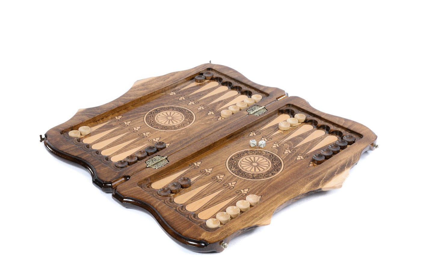 A close-up of the hand-carved eagle and lion symbols on the Ararat-shaped board, showcasing the precision of the solid wood craftsmanship.