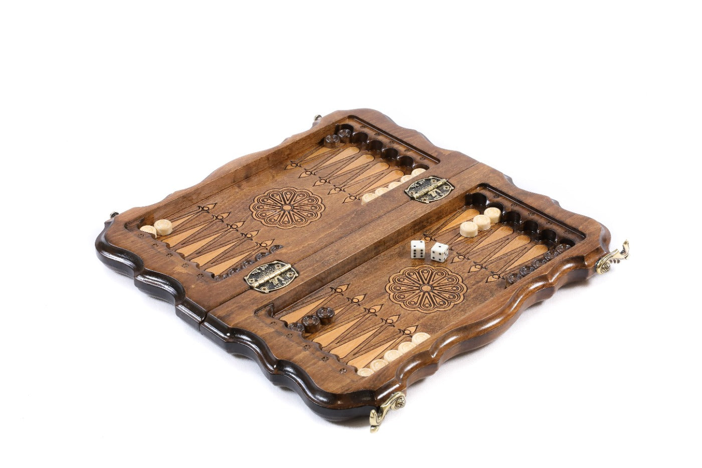 Handcrafted chess set featuring cultural detailing and backgammon board