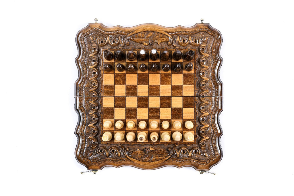 Armenian Carved Chess Set & Backgammon Board 11.8" | 30 cm