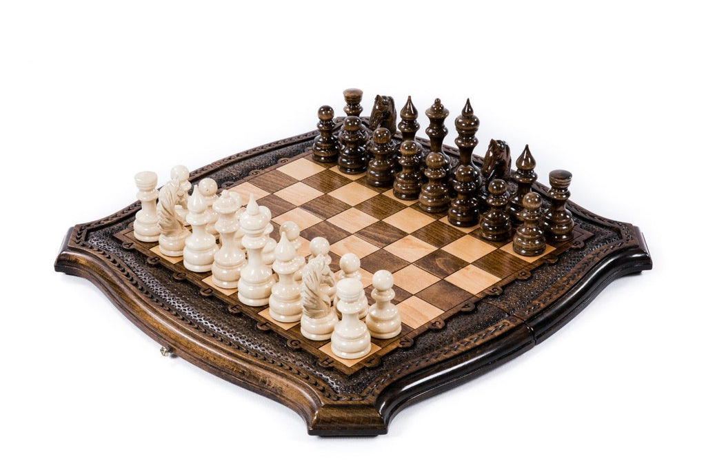 Wooden chess set with contour outline board and hand-carved border — by Hrachya Ohanyan