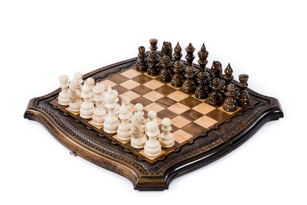 Wooden chess set with contour outline board and hand-carved border — by Hrachya Ohanyan