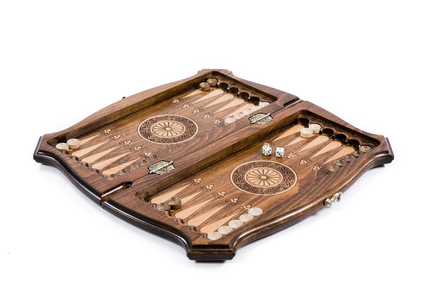 Solid beech wood chess and backgammon board with contour shaped silhouette and carved border