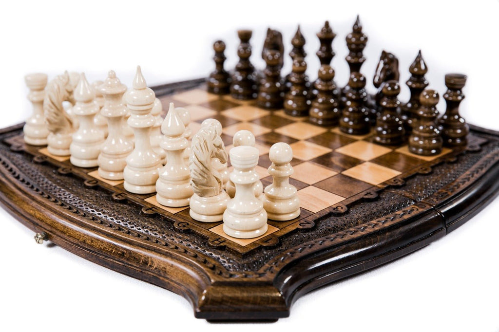 Handcrafted wooden chess board with sculpted curved edges and carved detailing — 2-in-1 set