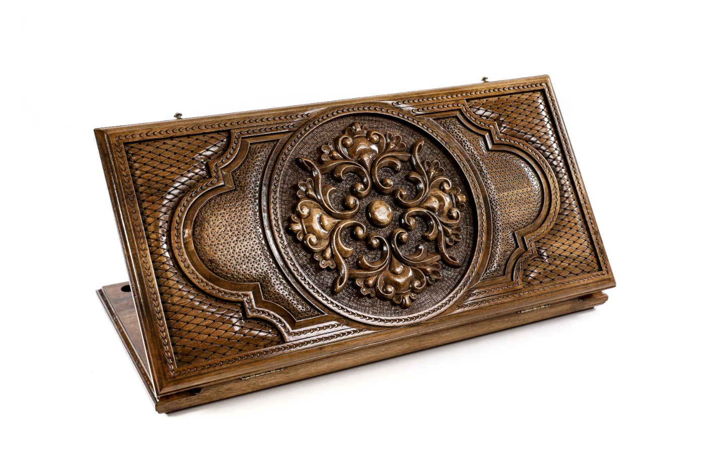 Closed Ornamental Heritage backgammon board showing the complex hand-carved patterns.
