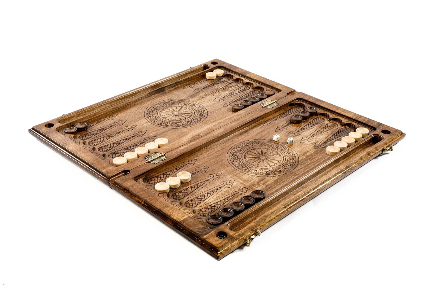 Close-up of the traditional floral wood carvings on the Hrachya Ohanyan classic board.