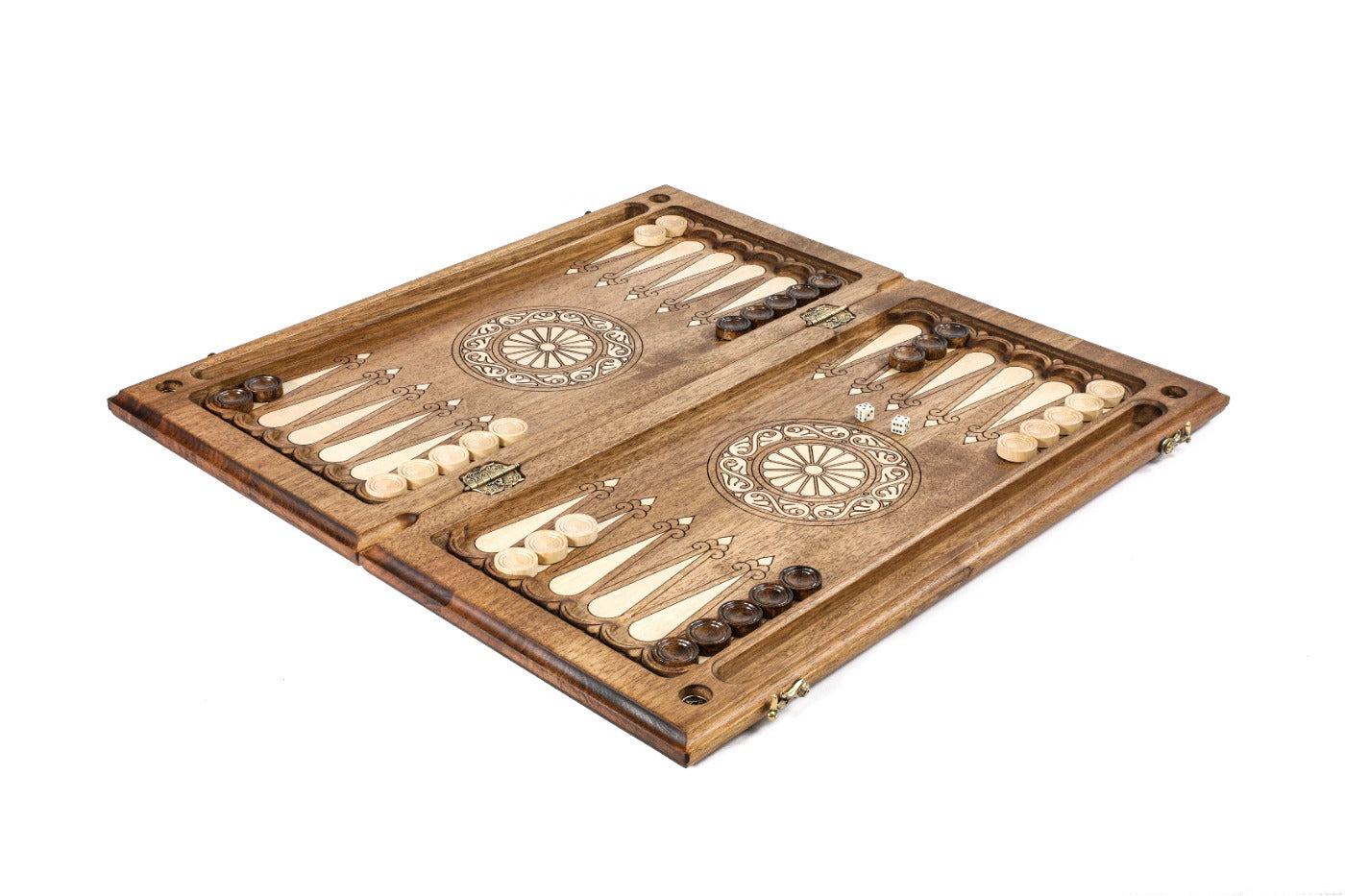 Interior view of the open board highlighting the polished playing surface and hand-carved pips.