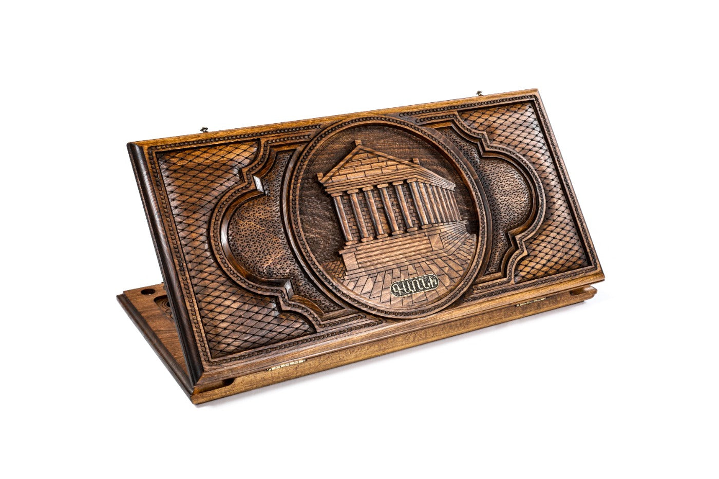 Frontal shot of the Garni Temple backgammon board featuring detailed 3D architectural carvings.