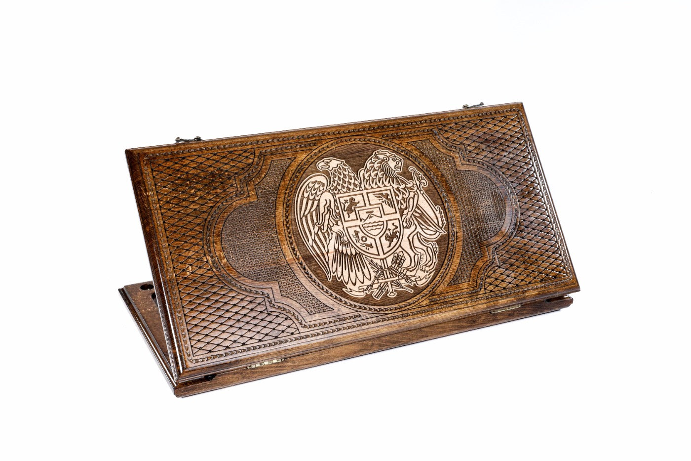 Closed two-sided backgammon board featuring the hand-carved Coat of Arms of Armenia.