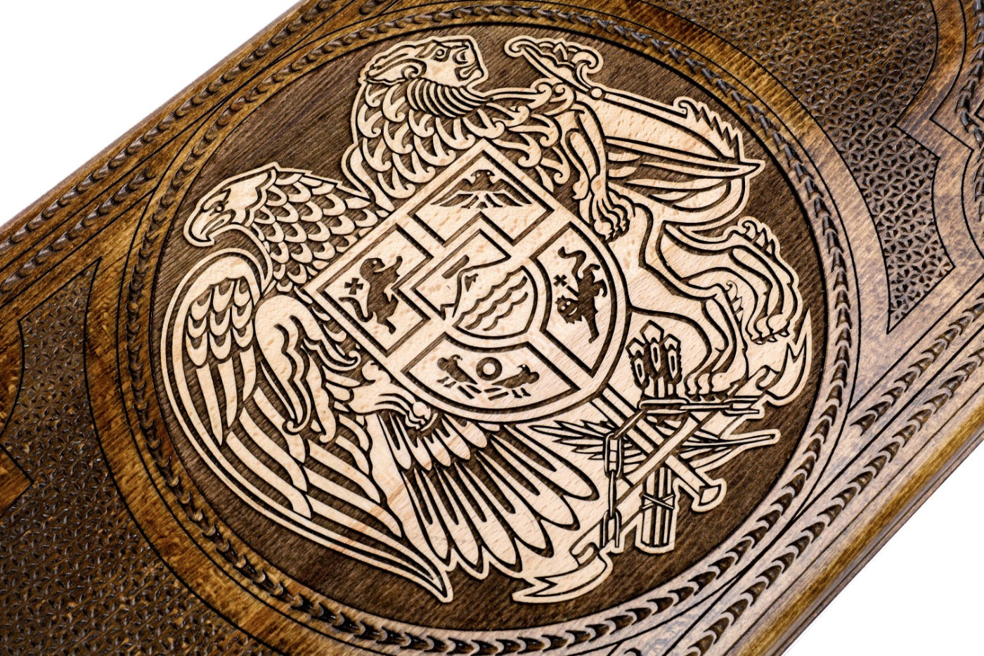 Opposite side of the board showcasing the detailed Coat of Arms of Artsakh.
