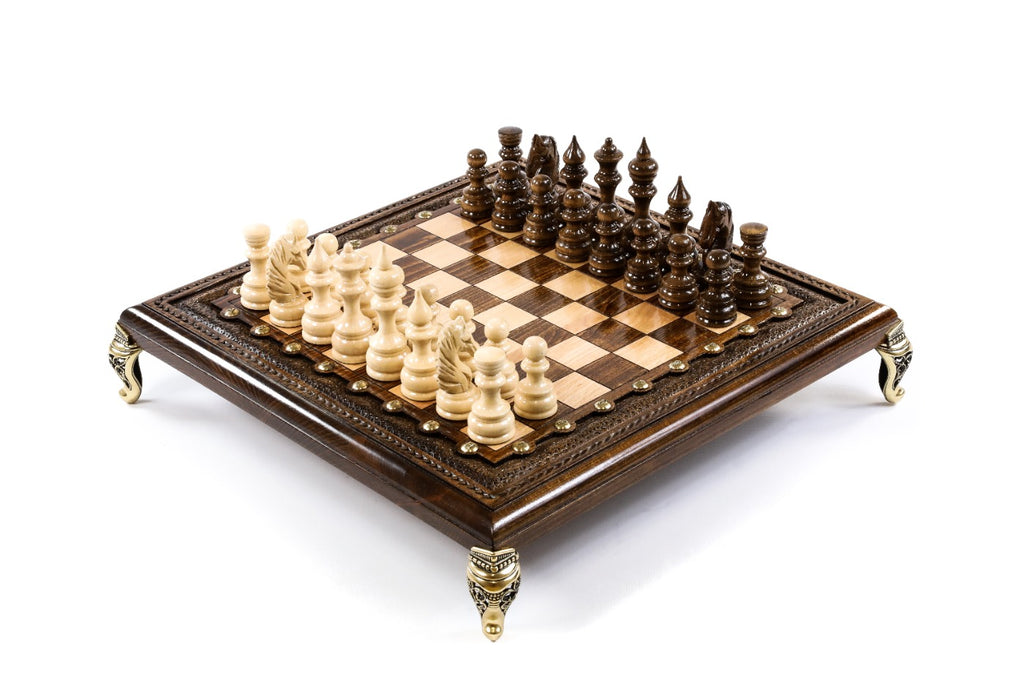 square chess set with bronze legs wooden board