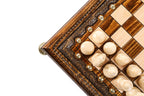 Angled view of the handmade wooden chess set and its craftsmanship