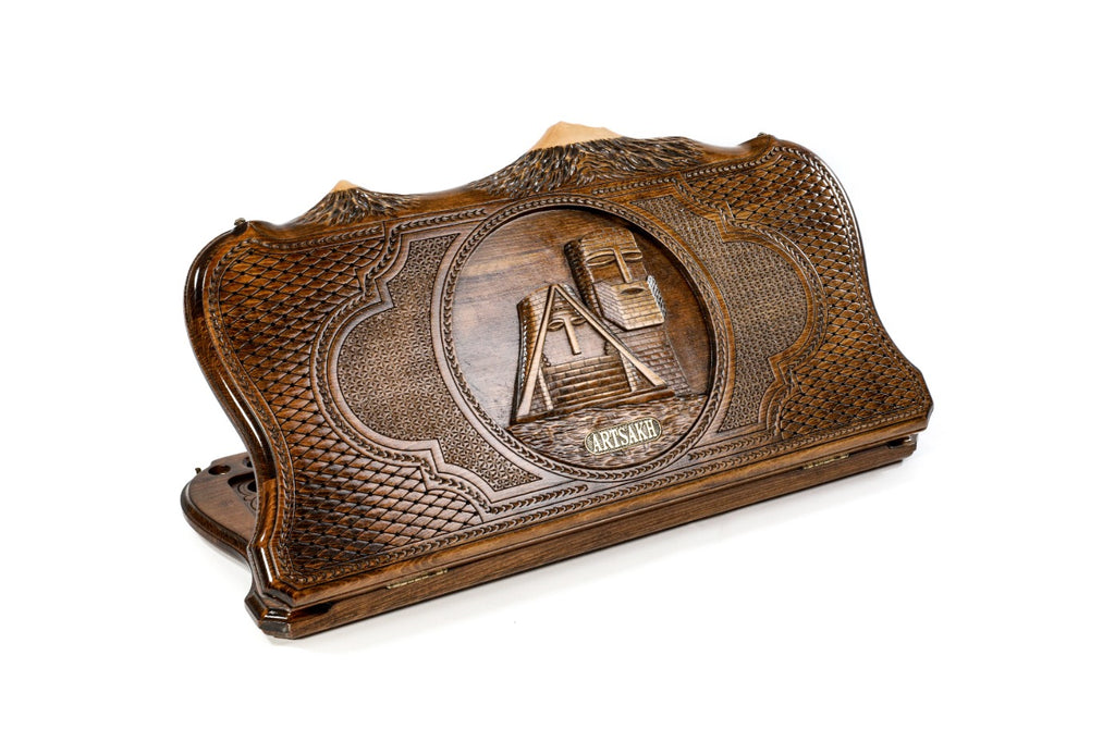 Front perspective of the sealed wooden backgammon case showcasing the Artsakh motif and Mount Ararat silhouette.