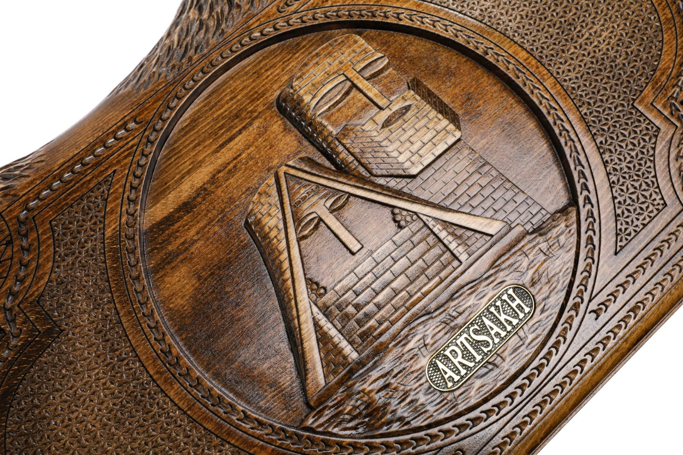 Interior view of the open board game revealing the finely polished wooden pips and traditional checker arrangement.