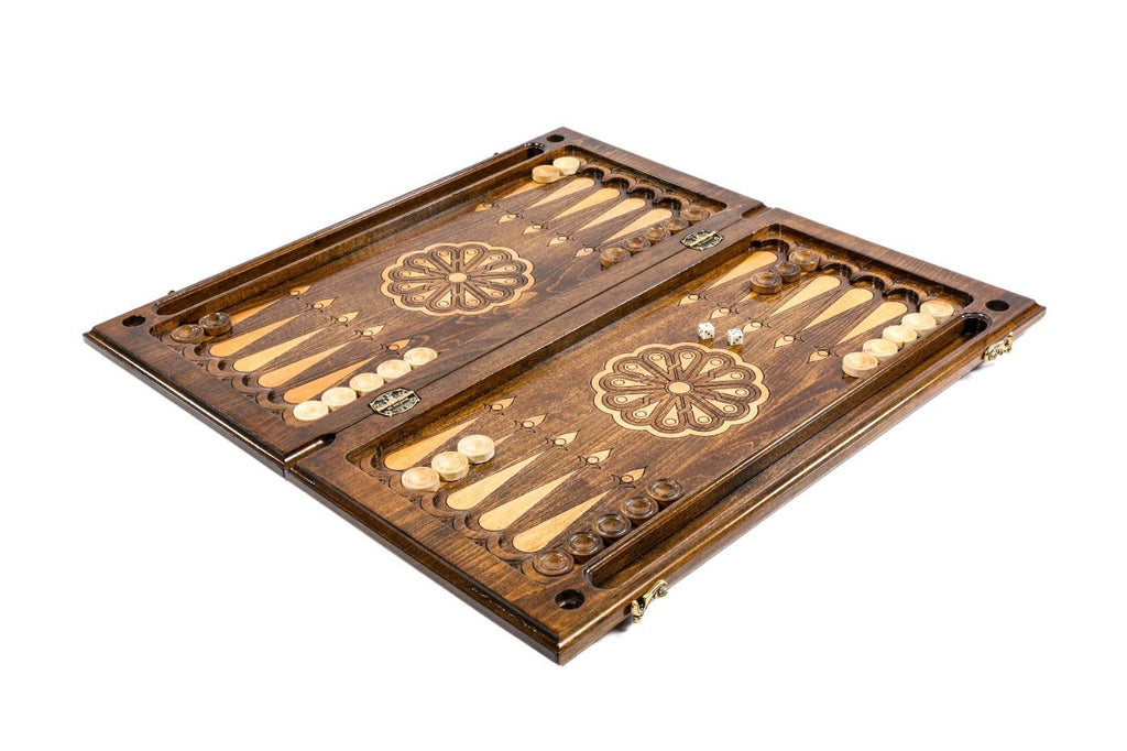 Wooden backgammon board with classic ornamental handcrafted pattern