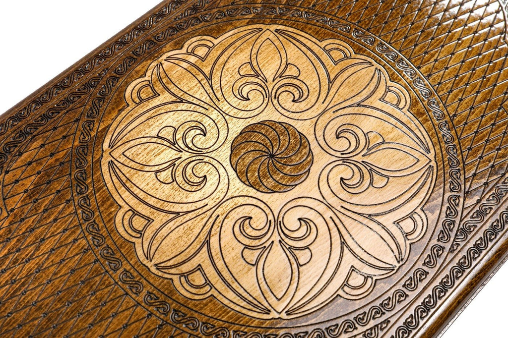 Large wooden backgammon set with decorative carved detailing