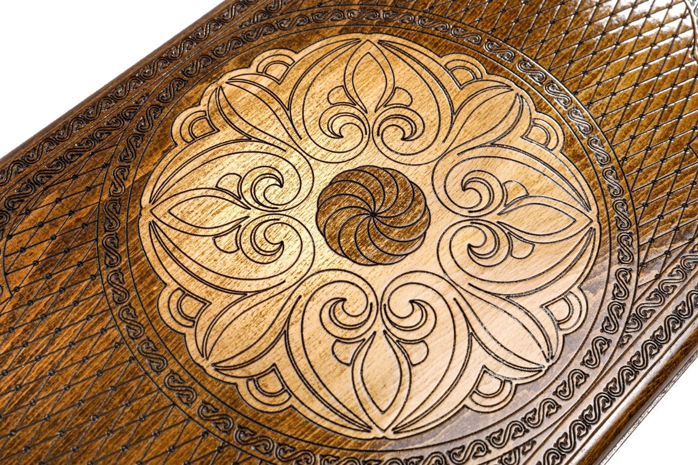 Large wooden backgammon set with decorative carved detailing