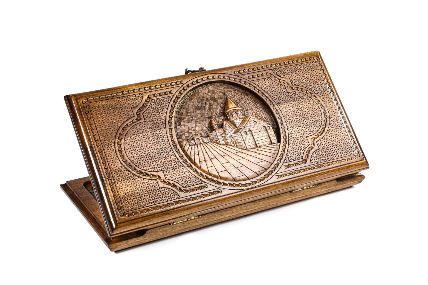 Closed two-sided backgammon board showing the detailed carving of Garni Temple.