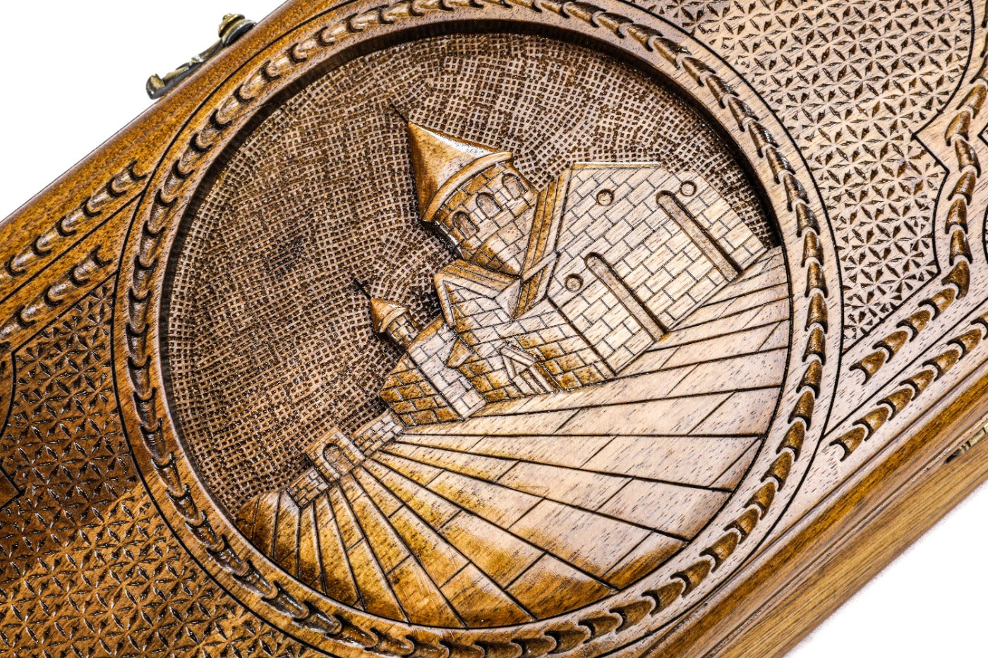 The opposite exterior panel featuring the hand-carved Geghard Monastery architectural detail.