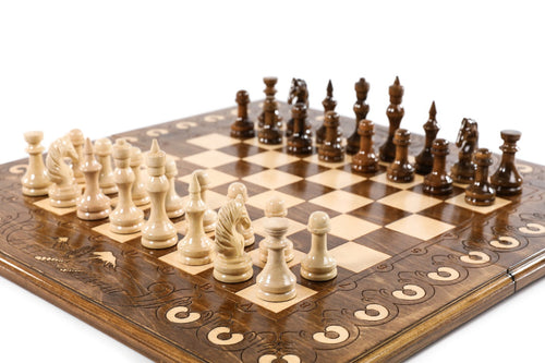 Wooden chess board featuring Mount Ararat carving and detailed craftsmanship