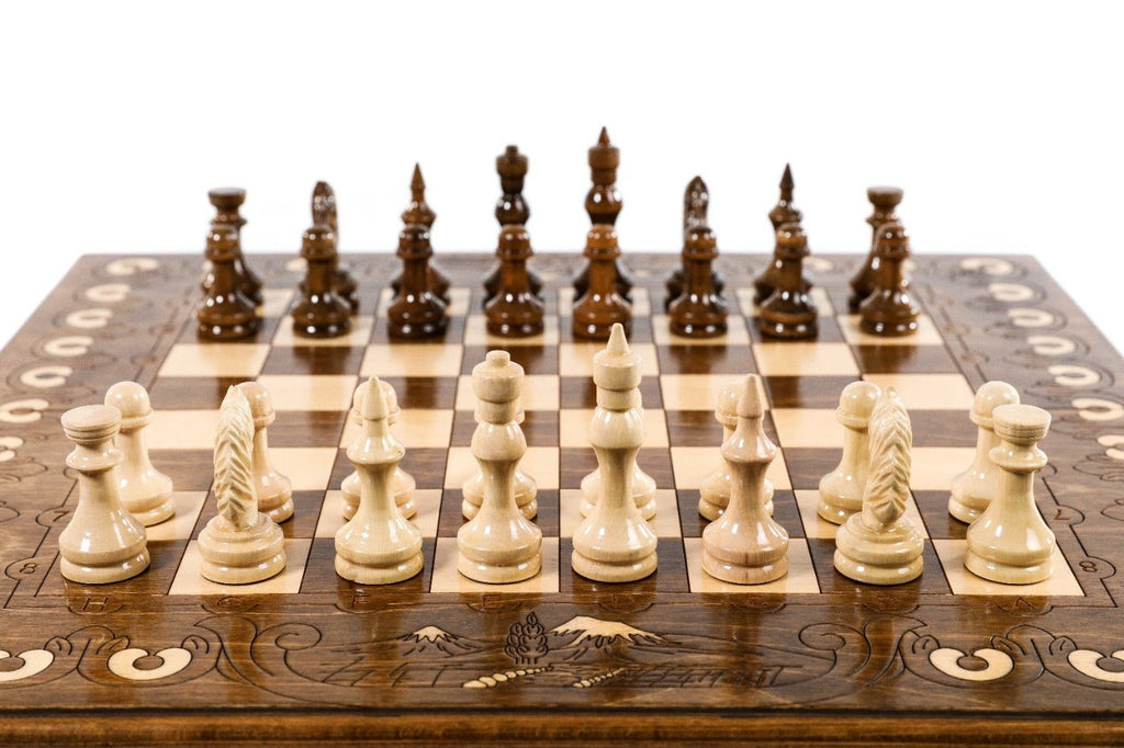 Premium handcrafted chess set with Armenian-inspired artwork and elegant finish