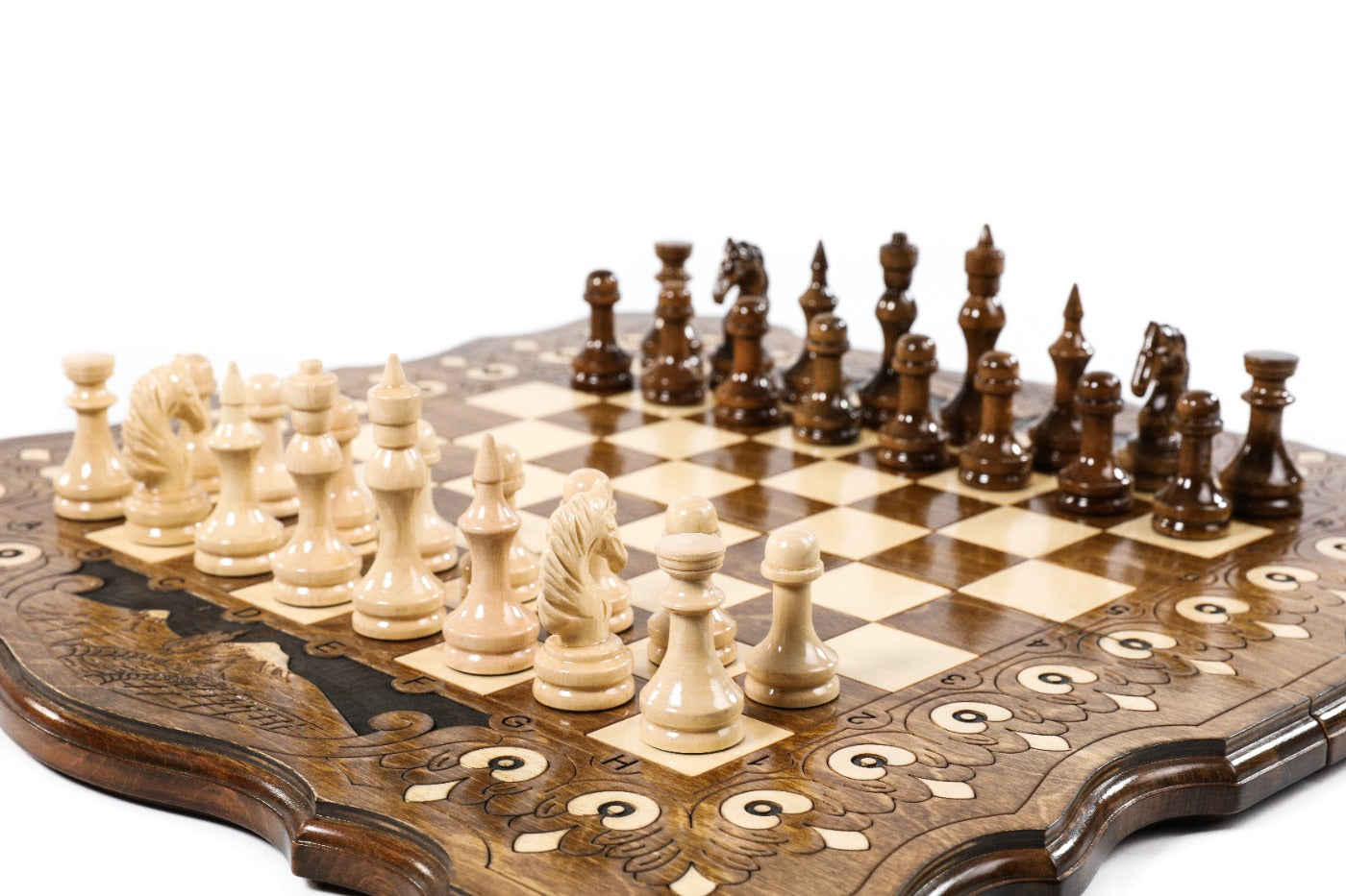 Wooden chess board featuring Mount Ararat carving with custom outline details