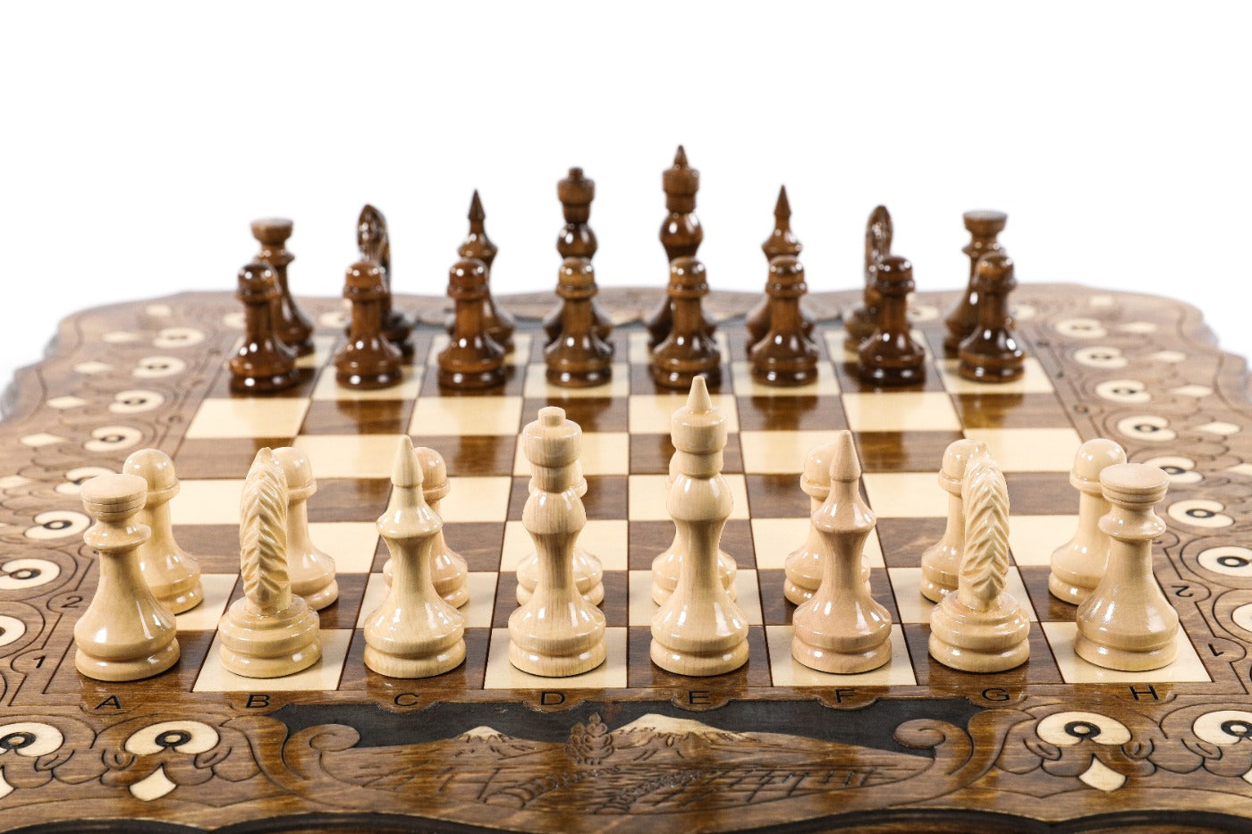 Premium handcrafted chess set with Armenian artwork and contour styling