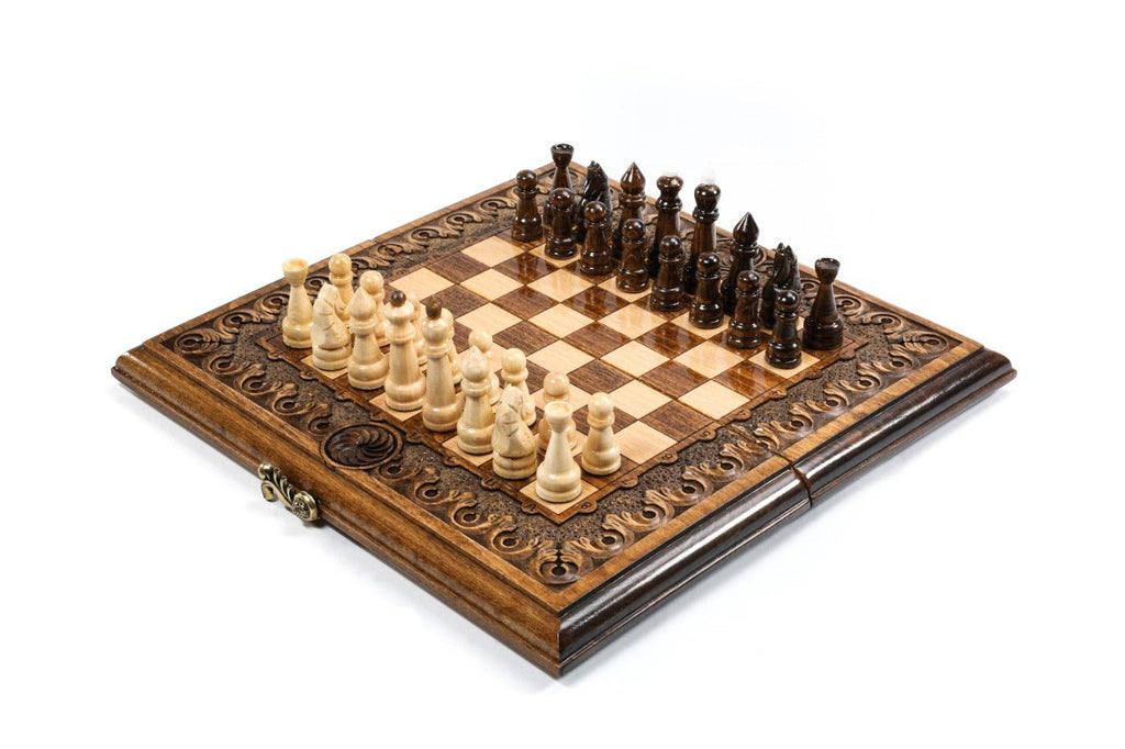 Compact chess and backgammon set with Eternity pattern design 11.8 inch