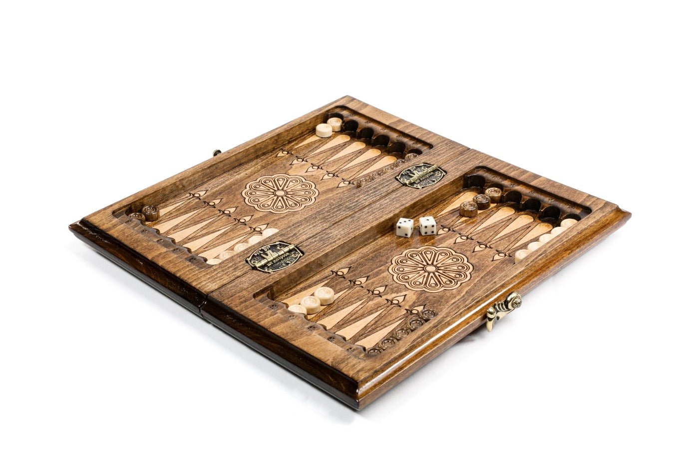 Small chess set with patterned craftsmanship and integrated backgammon board