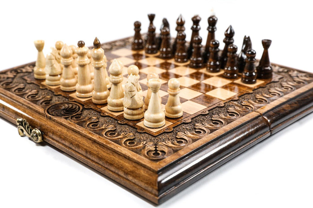 Handmade wooden chess board with decorative carved Eternity details