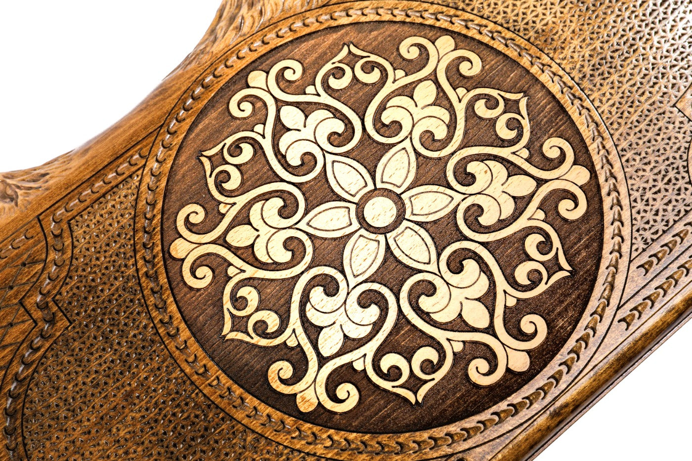 Frontal view of the hand-carved mountain silhouette on the solid wood exterior.