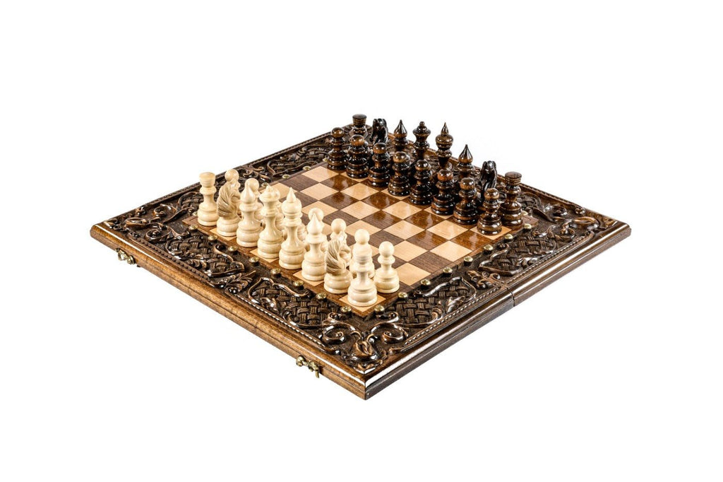 Premium wooden chess set and backgammon board with deep ornamental braid carving beech wood