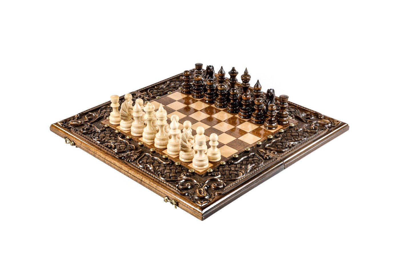 Premium wooden chess set and backgammon board with deep ornamental braid carving beech wood