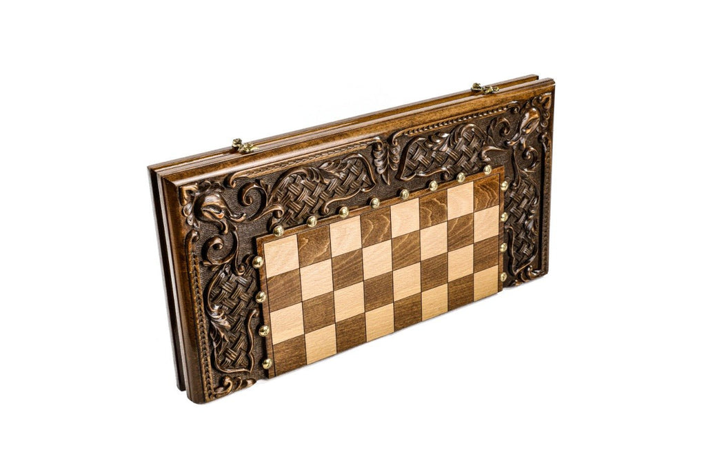 Wooden Carved Chess Set & Backgammon Ornamental Braid Pattern 50 cm / 19.7" - Unumperfectus