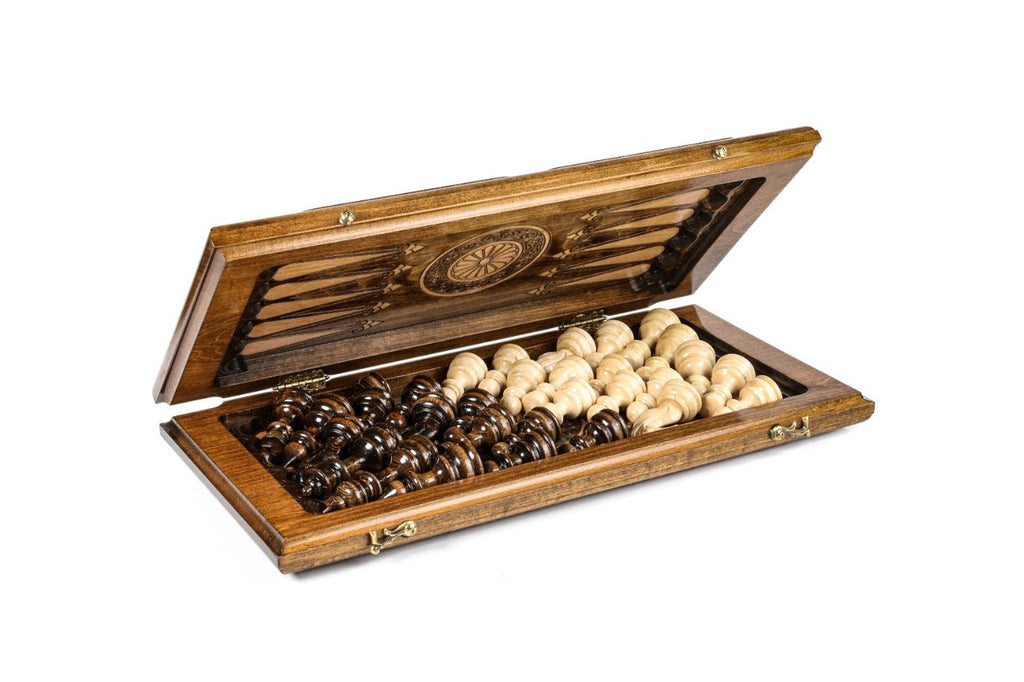 Wooden Carved Chess Set & Backgammon Ornamental Braid Pattern 50 cm / 19.7" - Unumperfectus
