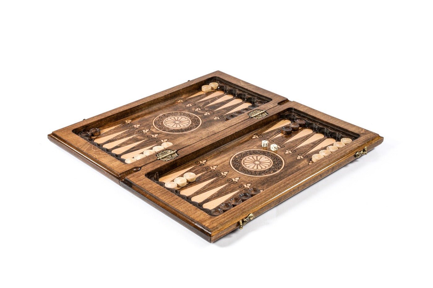 Beech wood chess and backgammon set with detailed carved border ornamental pattern