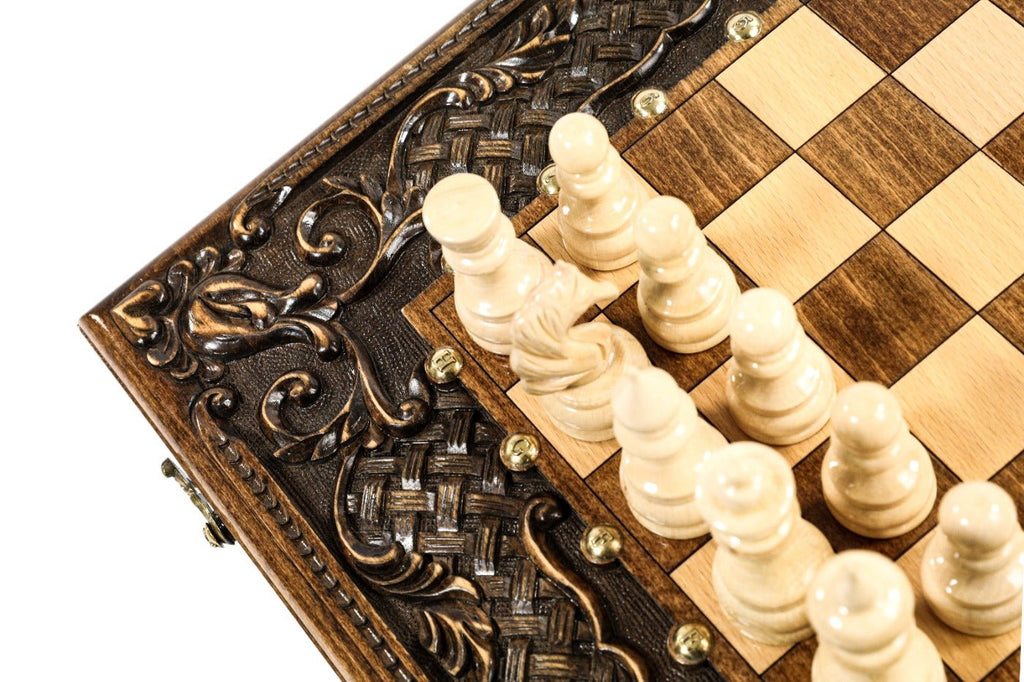 Wooden Carved Chess Set & Backgammon Ornamental Braid Pattern 50 cm / 19.7" - Unumperfectus