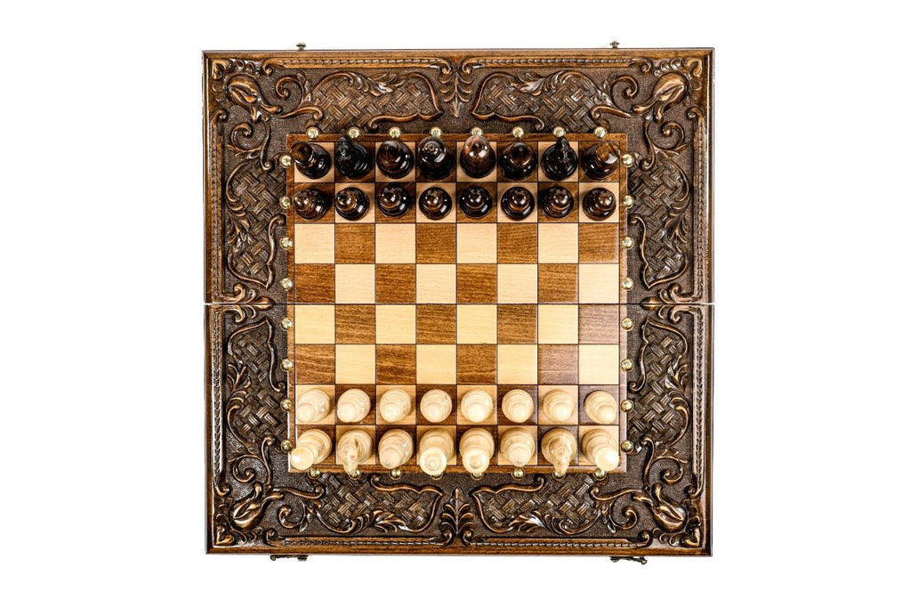 Wooden Carved Chess Set & Backgammon Ornamental Braid Pattern 50 cm / 19.7" - Unumperfectus