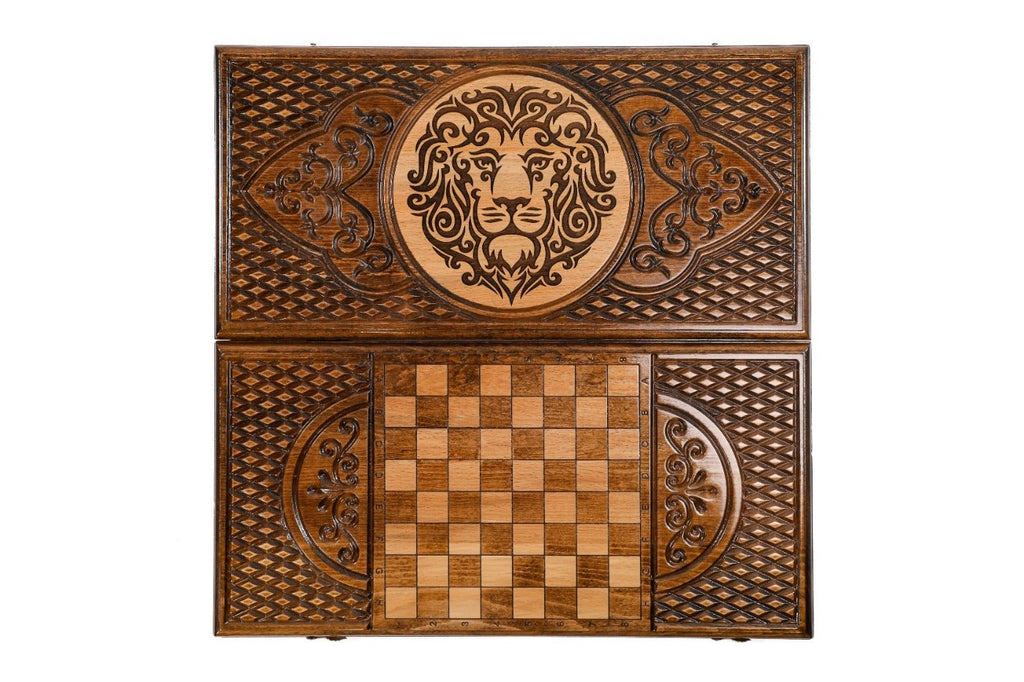 Wooden Carved Backgammon Board Lion 23.6" | 60 cm - Unumperfectus