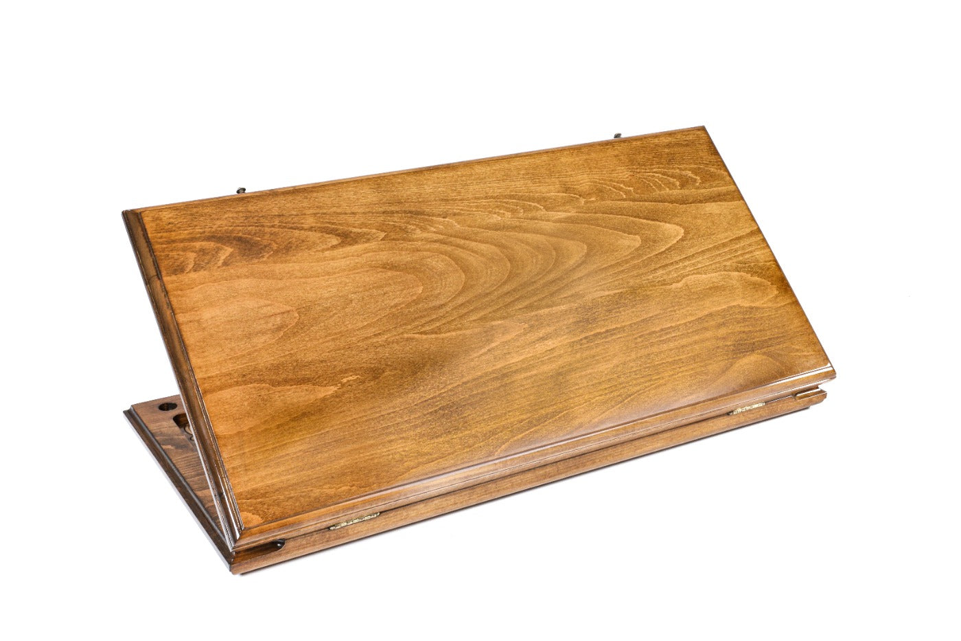 Frontal shot of the closed Heritage Classic backgammon board showing the rich natural wood grain.