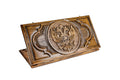 A frontal shot of the closed Russian Coat of Arms classic backgammon board showcasing the detailed double-headed eagle relief.