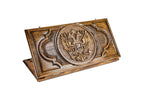 A frontal shot of the closed Russian Coat of Arms classic backgammon board showcasing the detailed double-headed eagle relief.