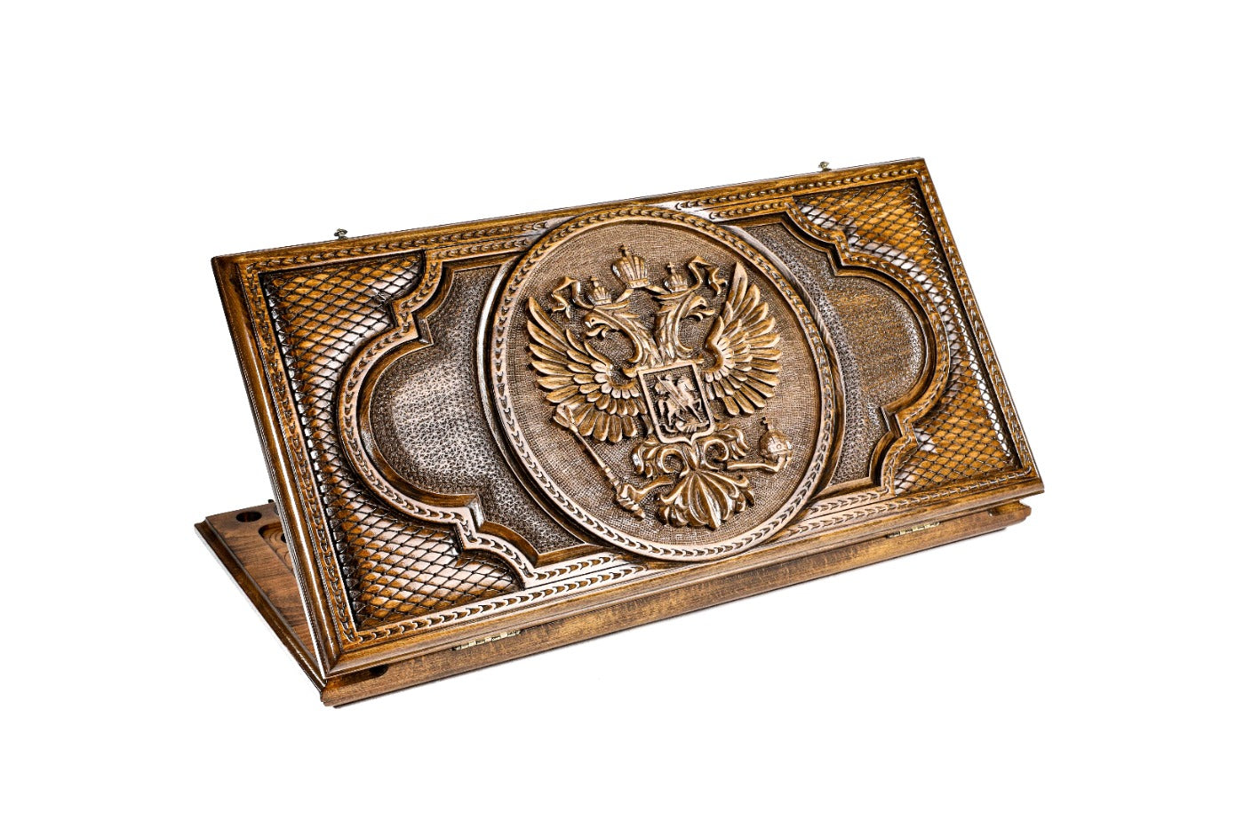 A frontal shot of the closed Russian Coat of Arms classic backgammon board showcasing the detailed double-headed eagle relief.