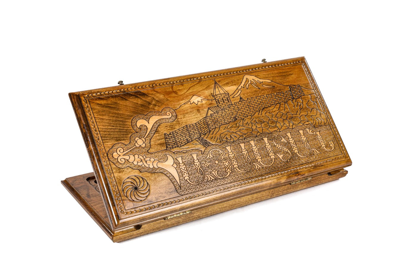 Closed Hayastan backgammon board featuring hand-carved Armenian lettering and symbols.