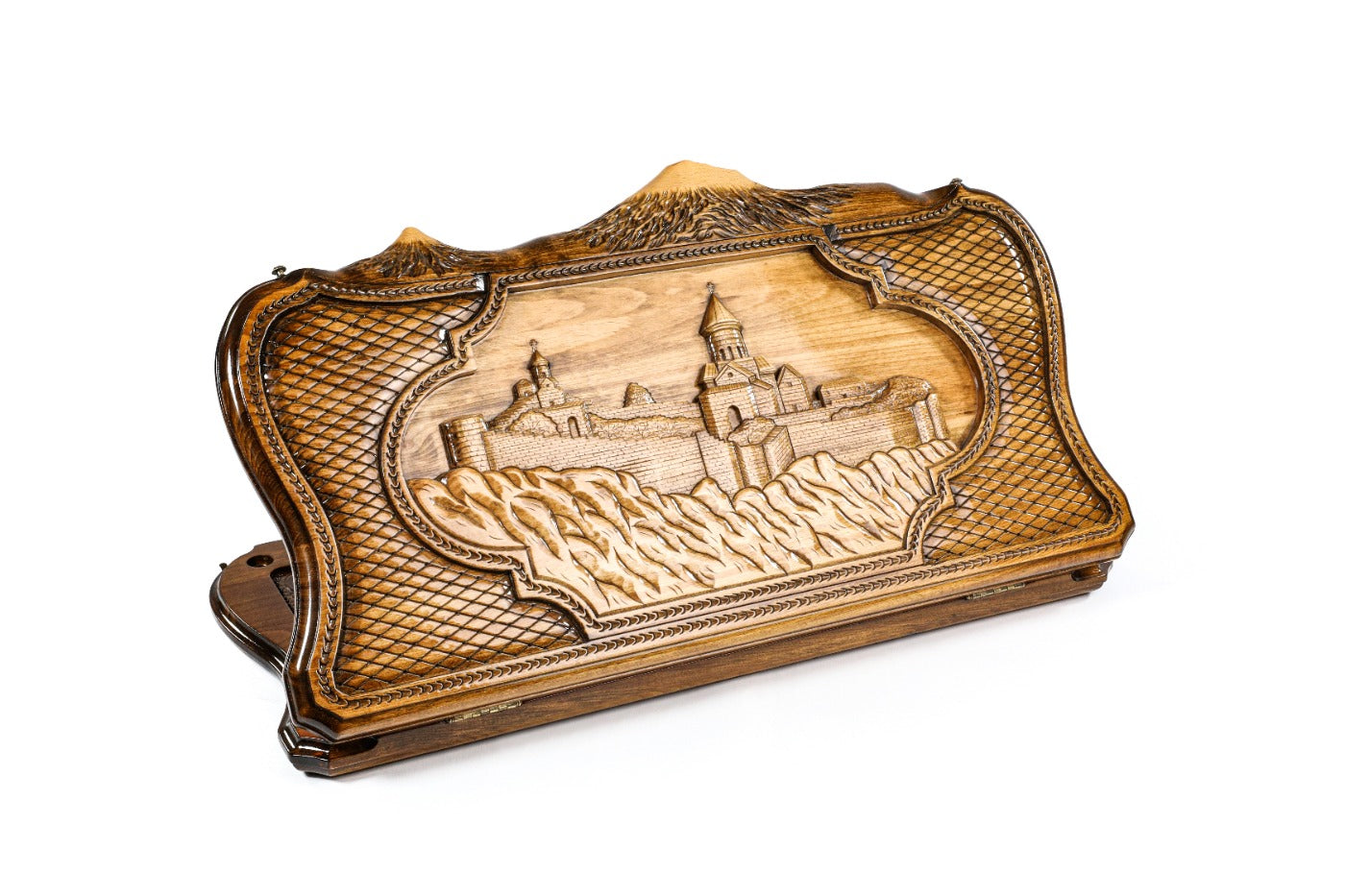 Closed Tatev backgammon board featuring the hand-carved monastery and Mount Ararat.