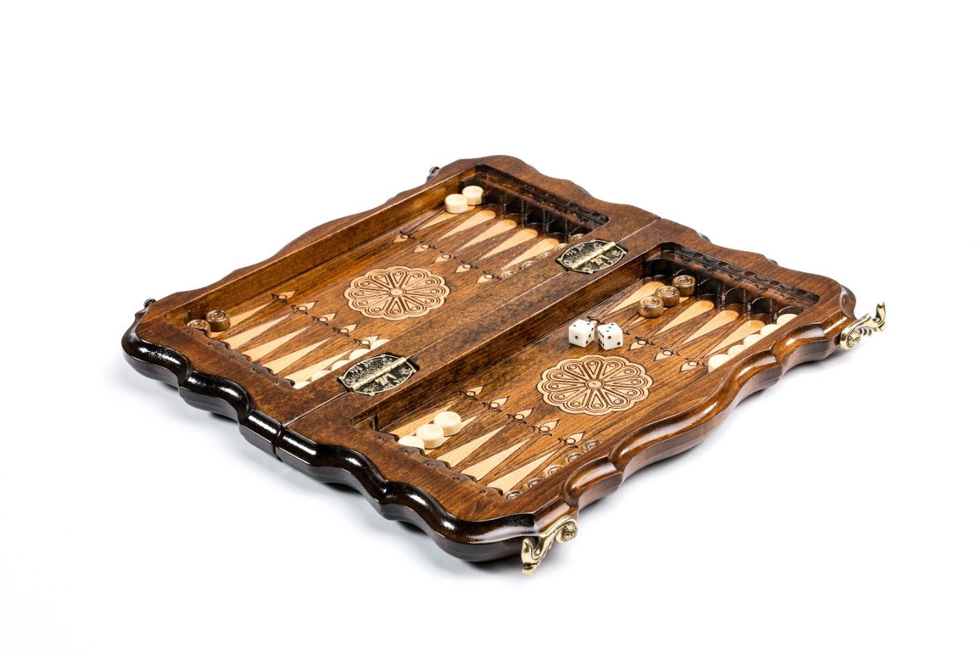 Small handcrafted chess set with cultural motif and integrated backgammon board