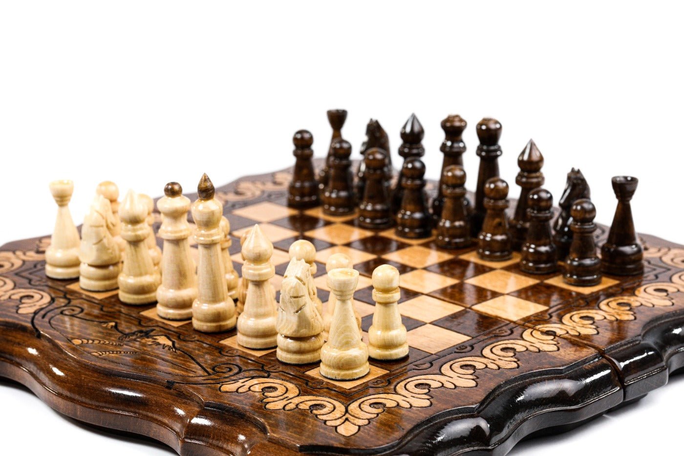 Wooden chess board featuring detailed Armenian Mount Ararat carved craftsmanship