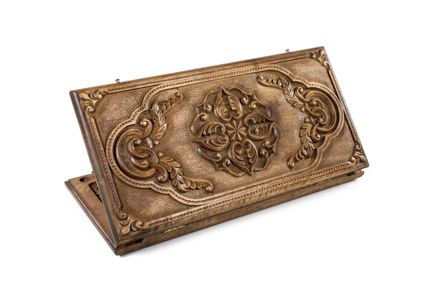 Closed Ornamental Bas-Relief backgammon board showing the deep, hand-carved textures.