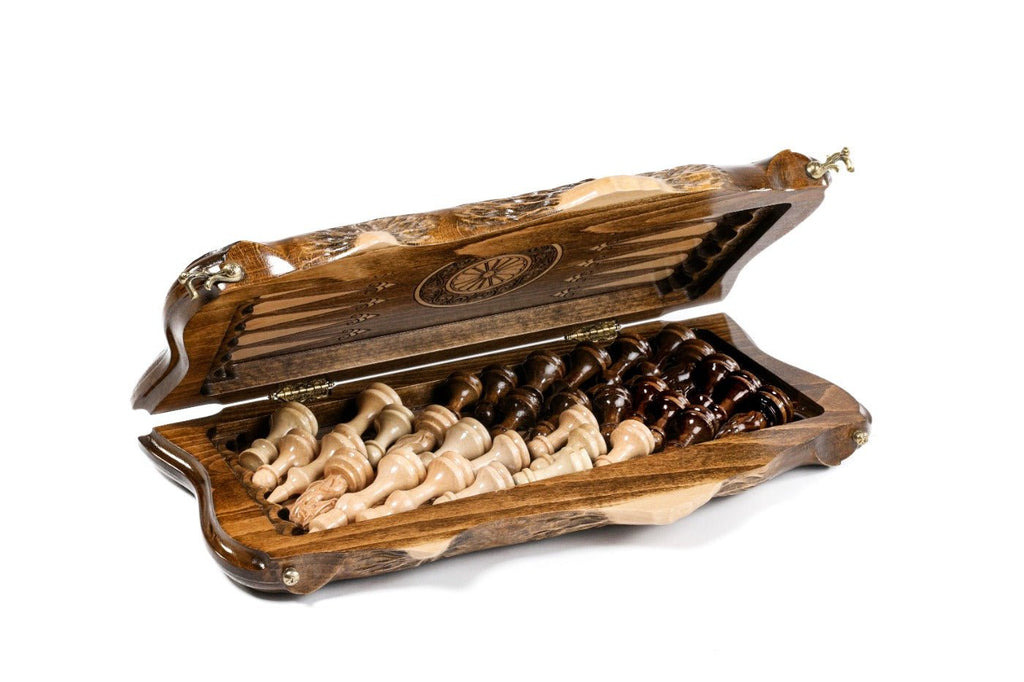 Wooden Carved Chess Set & Backgammon Board 40 cm | 15.6" - Unumperfectus