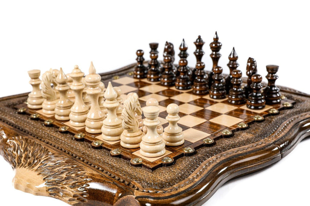 Handcrafted wooden chess set and wooden backgammon Armenian themed design