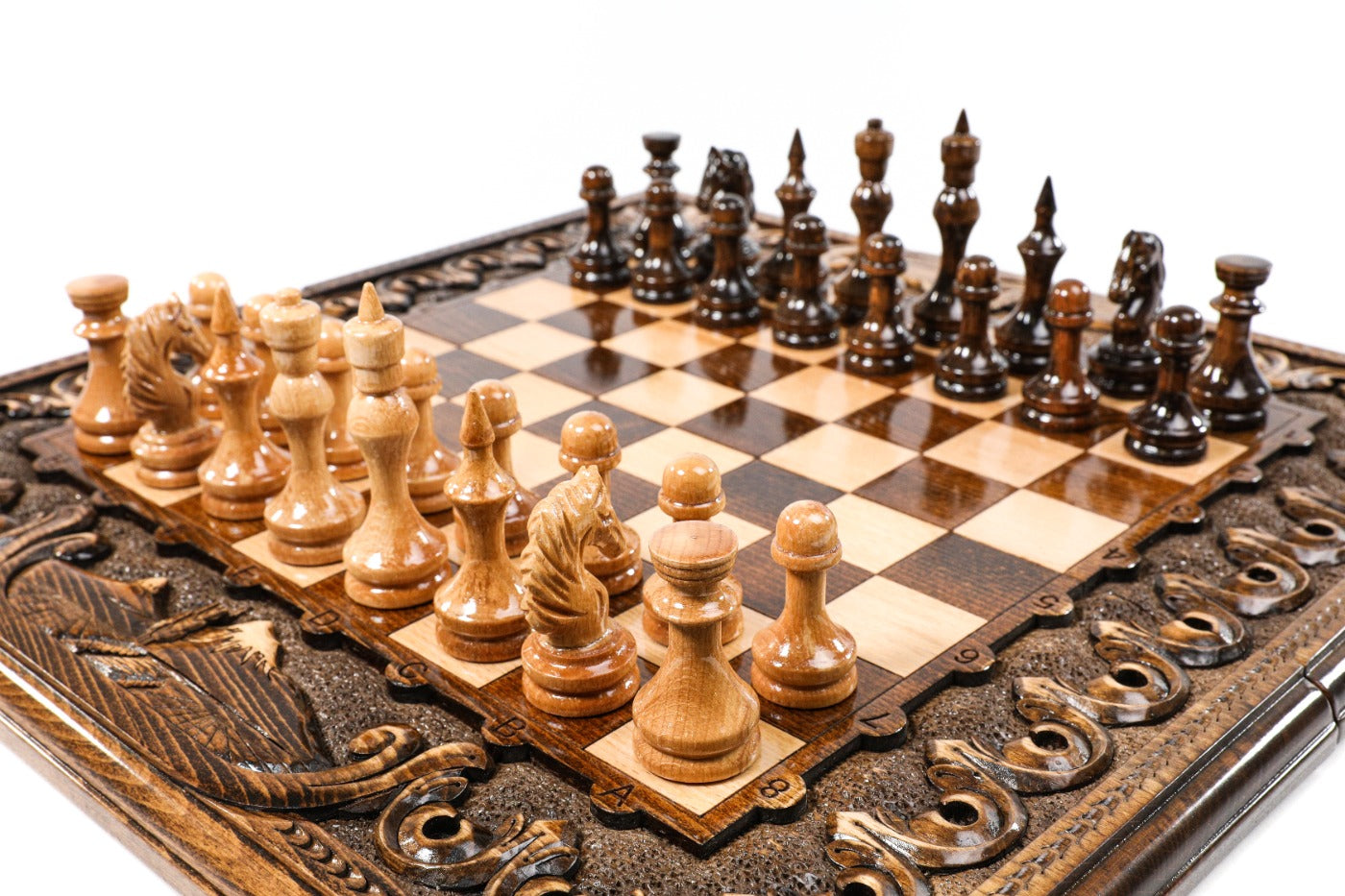 Wooden chess board featuring detailed Armenian cultural carving and Ararat motif